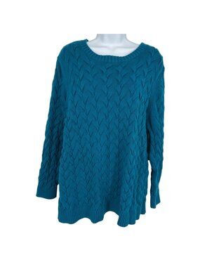 Lands End Drifter Teal Cable Knit Cotton Sweater Women's Plus Size 2X